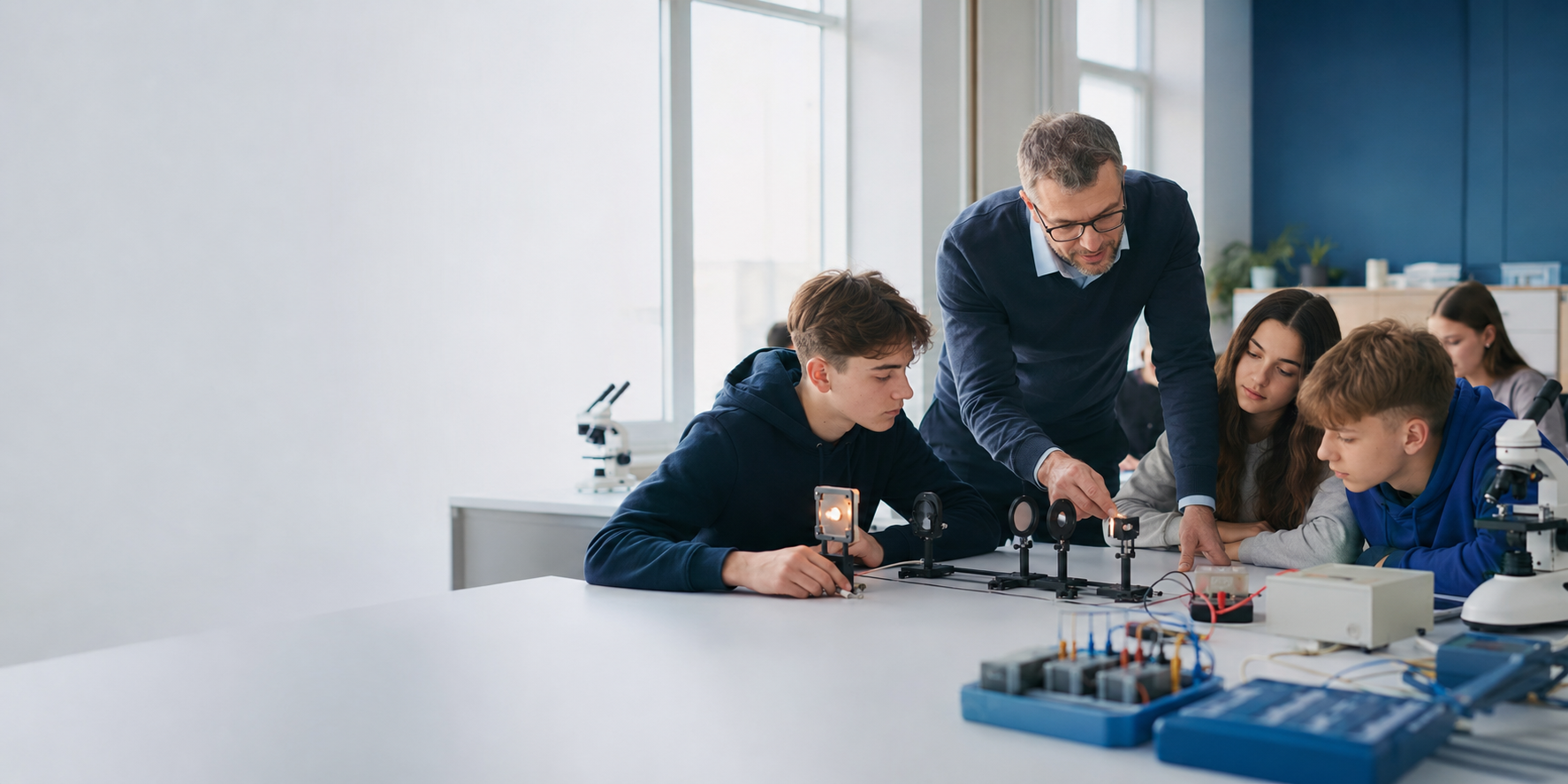 Учитель і школярі проводять дослід з оптики у сучасній STEM-лабораторії